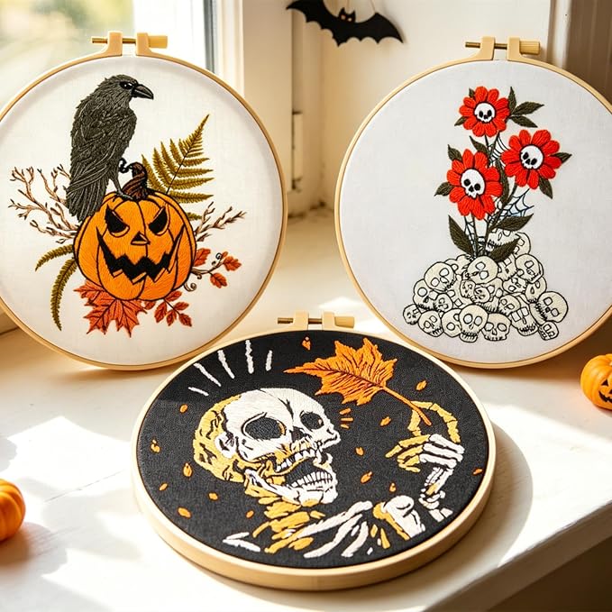 Gothic Halloween Embroidery Starter Kit for Beginners Adults, Stamped Cross Stitch Kit Needlepoint Kit for Beginner Adult, 3 Embroidery Hoop 3 Set Embroidery Supplies (Attached Teaching Video QR Code)