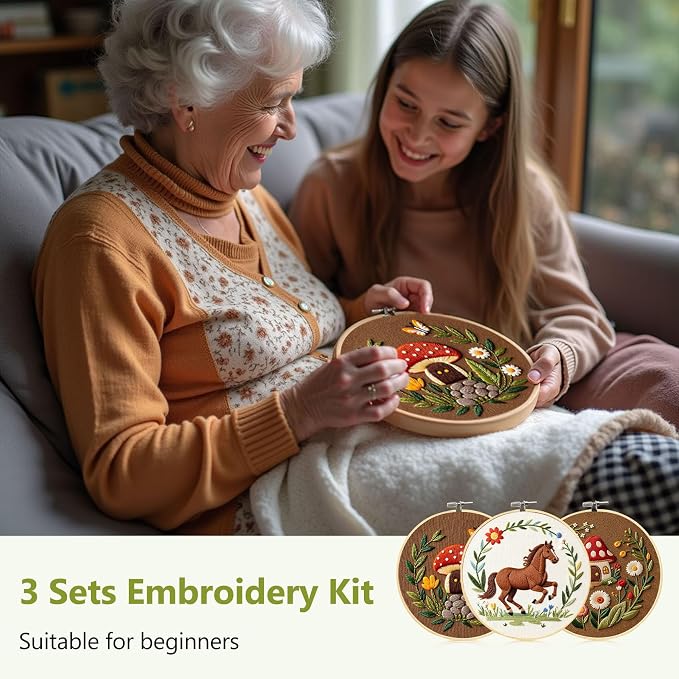 Santune 3 Pack Embroidery Kit Cross Stitch Needlepoint Kits for Beginners Adult Needle Point Sets with Mushroom & Horse Embroidery Patterns, Includes Step-By-Step Instructions & Accessories