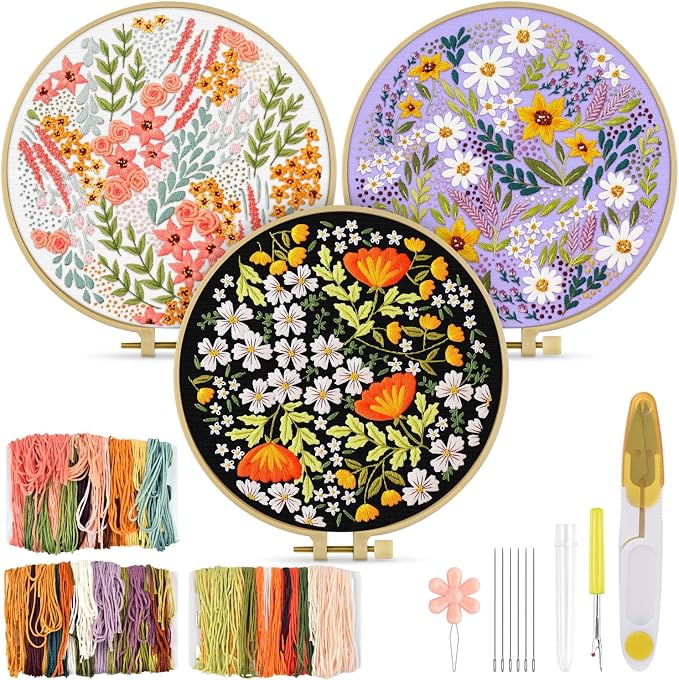 TINDTOP Embroidery Kit for Adult, 3 Pack Embroidery DIY Starter Kit, with Stamped Patterns, Hoop, Tools, Colorful Threads with Needles, Instructions (Bouquet) | with Stamped Patterns, Hoop, Tools, Colorful Threads with Needles, Instructions (Bouquet)