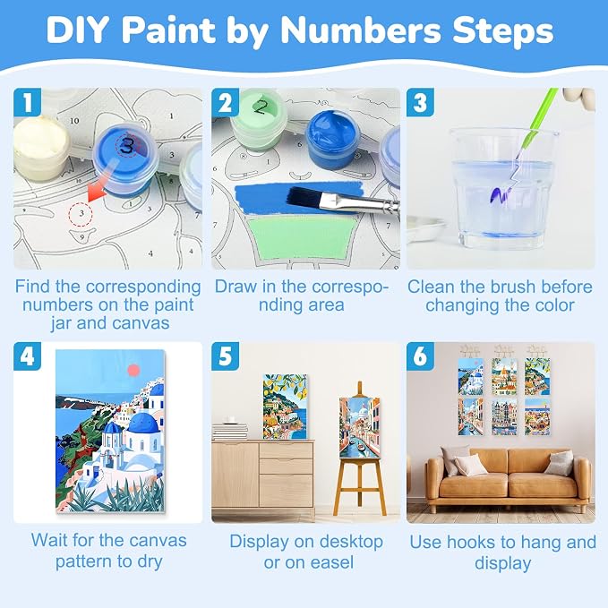 KEYIFA 6 Pack Paint by Numbers Kit, Stretched Canvas Boards for Painting for Adults, No Crease Acrylic Oil Painting for Students Beginners Favor Sip & Paint Party Supplies, Scenery-Cityscape (8x12)