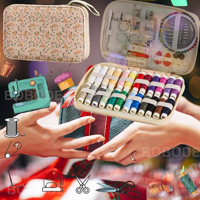 Sewing Project Kits Floral Pattern Sewing Kit with 130PCS Sewing Supplies Accessories,Printing Sewing Set with Zipper Sewing Supplies Case,for Travel Emergency, Home