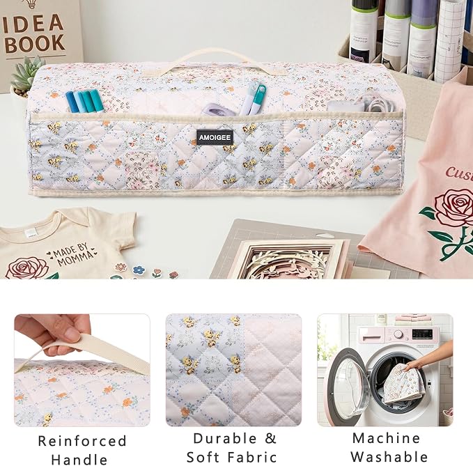 AMOIGEE Dust Cover for Latest Cutting Machine Cricuttt Explore 5, Quilted Protective Cover with Storage Pockets for Cutting Machine, Floral Fabric Anti-Dust Cover for Craft Machine Organizer