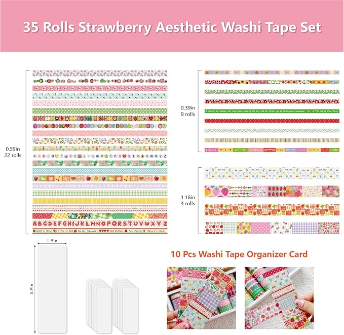 Washi Tape Set - 35 Rolls 2M Per Roll Strawberry Pastel Cute Scrapbook Tape