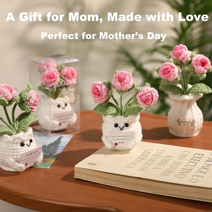 Crochet Rose Gift for Mom – Mothers Day Gifts from Daughter Son, Handmade Pink Rose Flower with Card “I Always Need You, Mom”, Cute Desk Decor, Ready-to-Gift with Clear Box