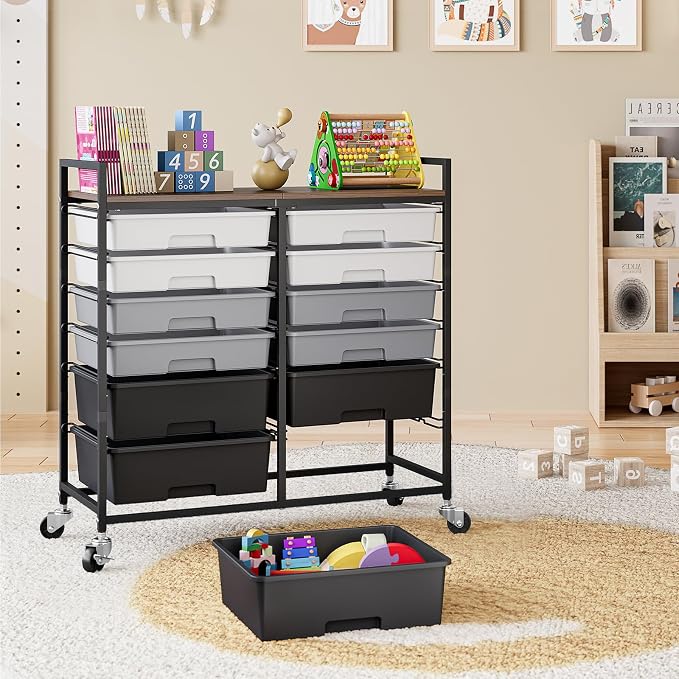 TOOLF 12 Drawers Rolling Storage Cart with Wooden Top for Classroom,Grey | Teacher Cart Craft Art Supply Organizer, Utility Cart with Lockable Wheels for Home Household Essentials, Office Organization