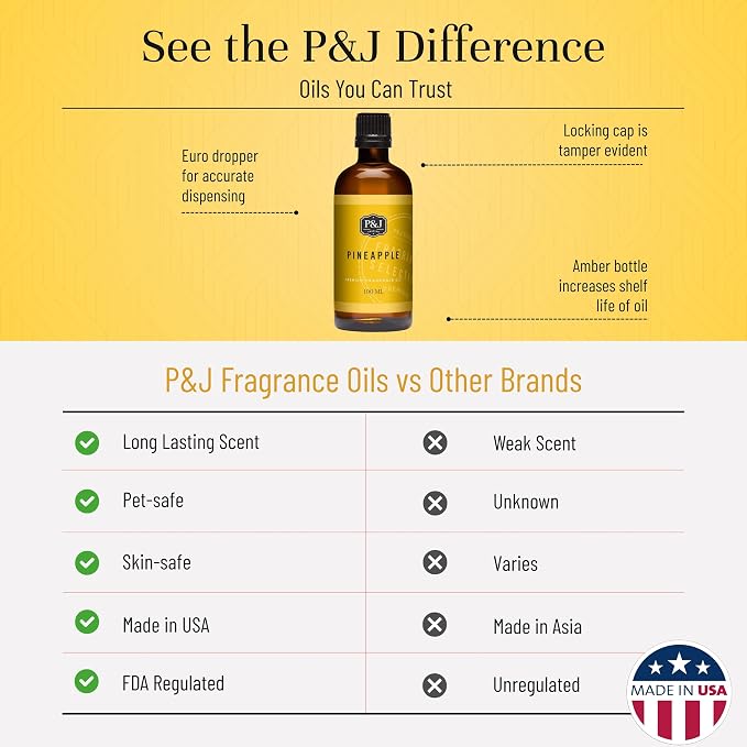 P&J Fragrance Oil | Pineapple Oil 100ml - Candle Scents for Candle Making, Freshie Scent, Soap Making Supplies, Diffuser Oil Scents