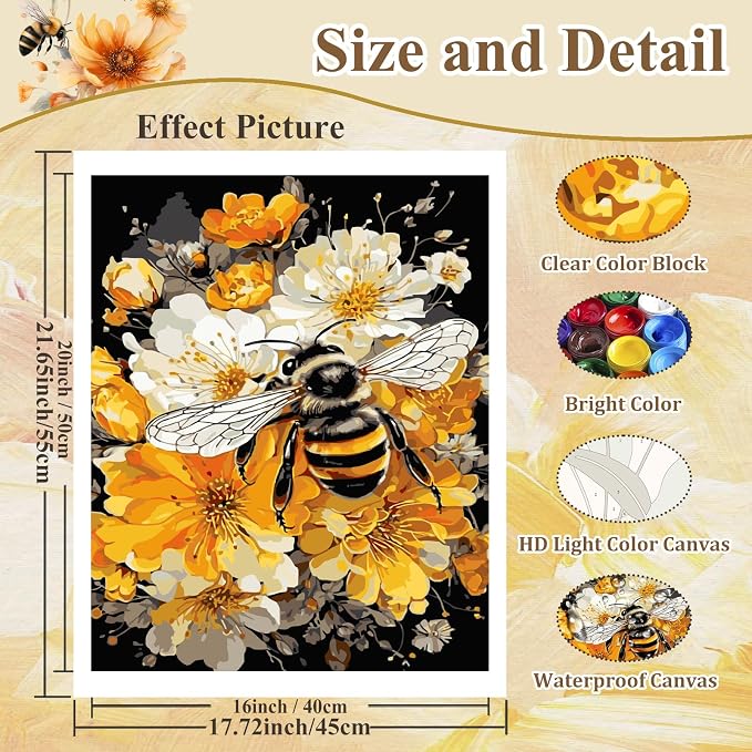 Bee Paint by Numbers Kit for Adults, Adult Paint by Number Kits 16x20 Inch