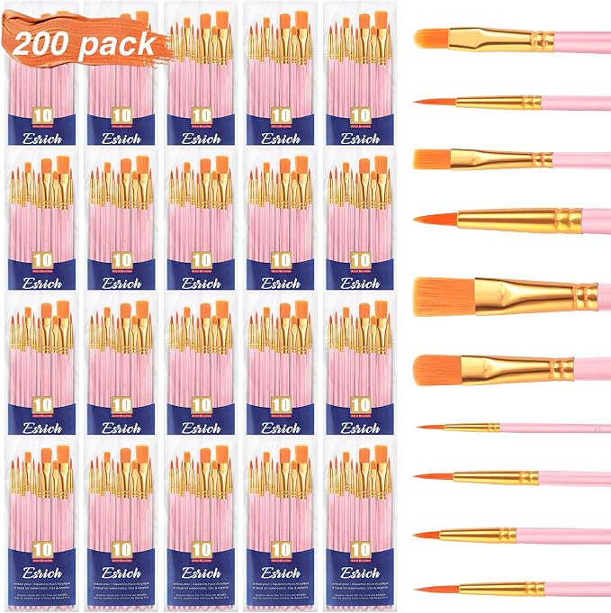 ESRICH 200PCS Pink Paint Brushes, Paint Brush for Acrylic Painting | Artist Paintbrushes for Oil Watercolor, Body Face Rock Canvas, Small Paint Brushes for Kids