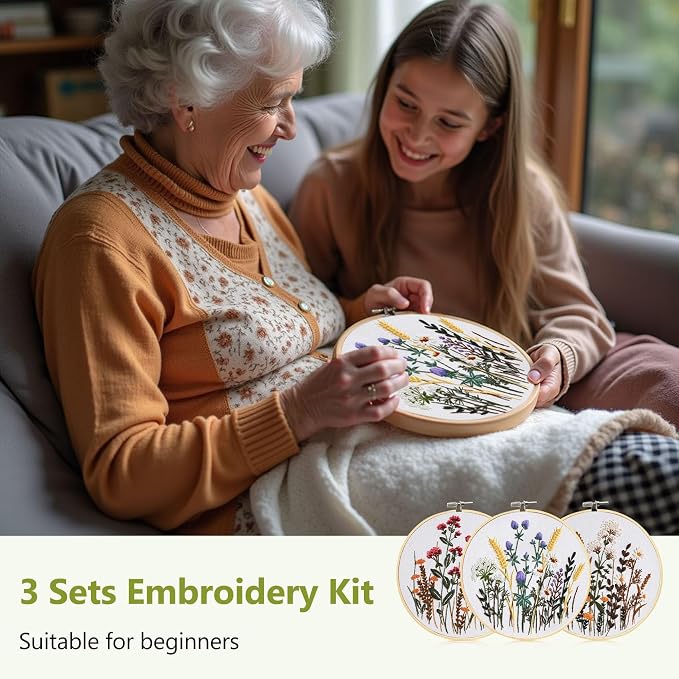 Santune 3 Pack Embroidery Kit for Beginners, Needlepoint Cross Stitch Kits for Adults,Needle Point Sets with Stamped Wild Flower Pattern Stitch Video Tutorial