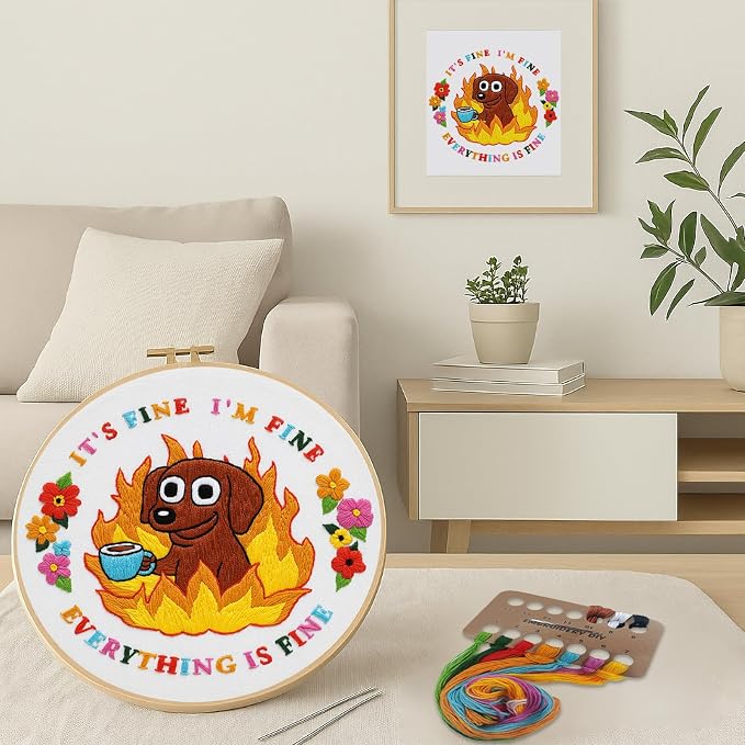 Nuberlic Cute Dog Embroidery Kits for Beginner Adults Cross Stitch Kit with Funny Animal Pattern Include Cloth Hoops Threads Needles