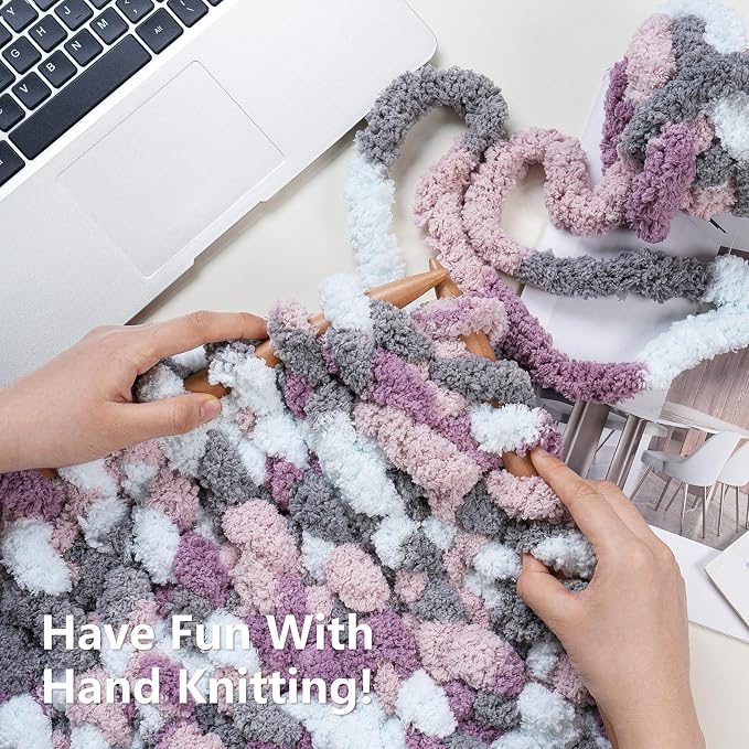 Cozyful Chunky Yarn for Hand Knitting - #10 Chunky Chenille Blanket Yarn, Jumbo Big Thick Chunky Yarns for Crocheting, Tie Dye Bulky Knit Yarns, 8 Skein (20 yds 8 oz Each Skein), Purple & Grey & Sky