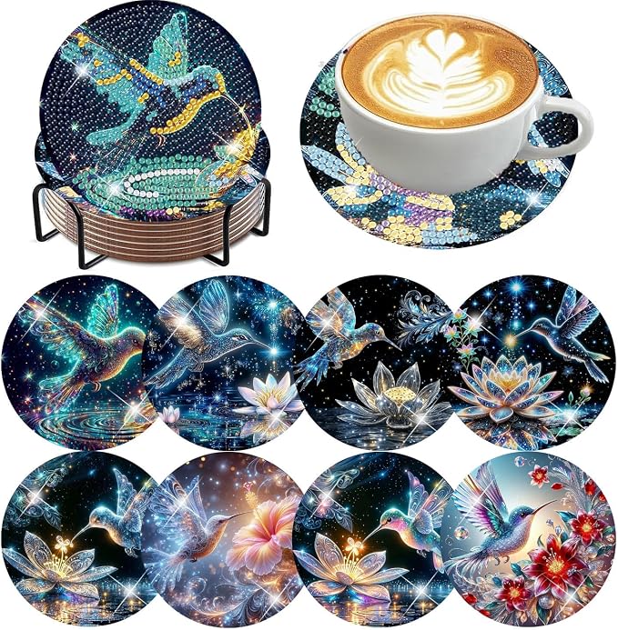 8 Pcs Diamond Art Coasters Kits, Hummingbird Diamond Painting Coasters Kits