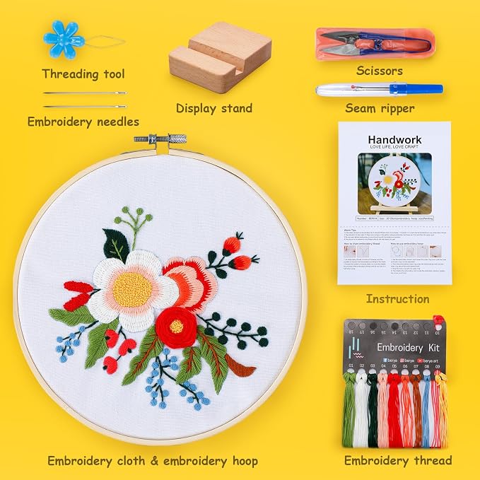 BERYA Embroidery Kit for Beginners, Flowers and Leaves Embroidery Practice Kit, Hand Floral Embroidery Starter Kit for Adults with Video Step by Step Instructions, Hoops, Threads and Needles (BEF014)