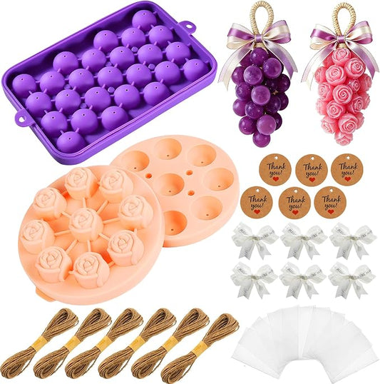 Soap Making Kit with 2 Silicone Molds (Grape & Rose), Gift Bags, Gift Tags, Ribbons & Jute Twine - 26 Pcs DIY Craft Set,Mold for Handmade Soap Making Gift - Idea for Adults & Crafters