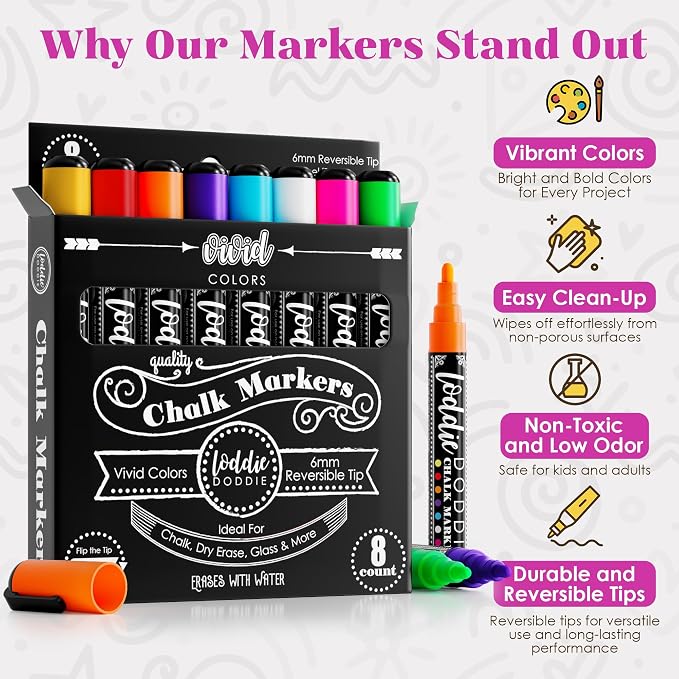 Loddie Doddie Liquid Chalk Markers, Chalkboard Markers, Dual Tips, 8 Pack | Classroom & Office Labels, Glass Markers for Windows, Non-Toxic Low Odor, Vivid Colors, Chalk Markers for Blackboard