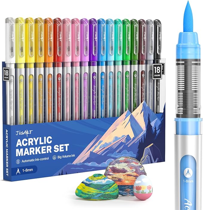 JusArt Acrylic Paint Markers Brush Tip 18 Colors, Automatic Ink Control