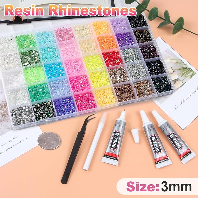 50000Pcs 40 Colors Resin Jelly Rhinestones for Bedazzling, 3mm Multicolor Flatback Gems for Crafting, Bedazzler Kit with 3Pcs 10ml B7000 Glue for Clothes Book Shoes Nails Art Makeup