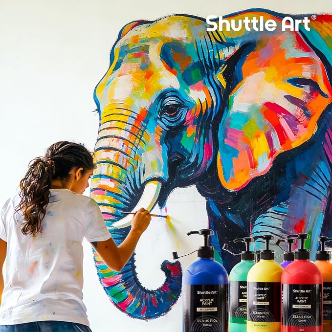 Shuttle Art 15 Colors Acrylic Paint Set, 33.8oz/1000ml Large Capacity Pump Bottles, Rich Pigments, High Coverage Paint, Fast Drying, Non-Toxic, for Canvas Wood Ceramic Rock Painting & DIY Crafts
