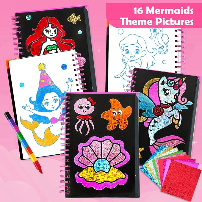 FUNNYB&G Foil Art Craft Kit for Kids, Sparkly Birthday Gift Toy for Girls | No Mess, Kids Ages 4-10 Create Sparkling Artwork, A Creative Gift for Birthdays, Holidays, Travel Activities,Screen-Free Fun