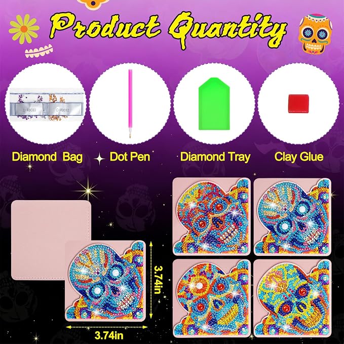 WIVICO 4Pcs Diamond Painting Bookmarks, Diamond Pearl Art Kits for Adults | DIY Diamond Dots Paint By Numbers Kit,Gifts for Book Lovers(Halloween Skull)