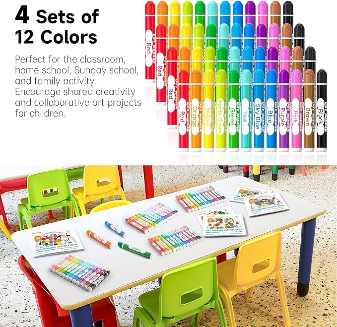 Shuttle Art 48 Pack Washable Dot Markers, 12 Assorted Colors with 6 Activity Books, Fun Art Supplies for Kids Toddlers, Non Toxic Water-Based Paint Daubers, 4 Sets x 12 Colors Dot Markers