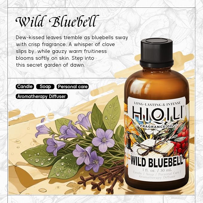 HIQILI Wild Bluebell Fragrance Oil for Candles, Soaps Making, Inspired by J-M.Lone Wild-Blubell, and More DIY Projects, Diffuser, Green Scents for Closets, Drawers - 1.0 Fl Oz(Pack of 1)