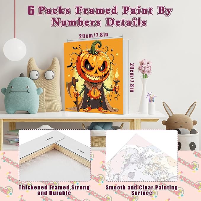 SYDYLH 6 Pcs Framed Easy Halloween Paint by Numbers for Adult/Kids 8x8in | small Ghosts Oil Painting Set for Child, mini horror paint by Number framed canvas Home Decor,Boys Girls Arts Crafts Gift