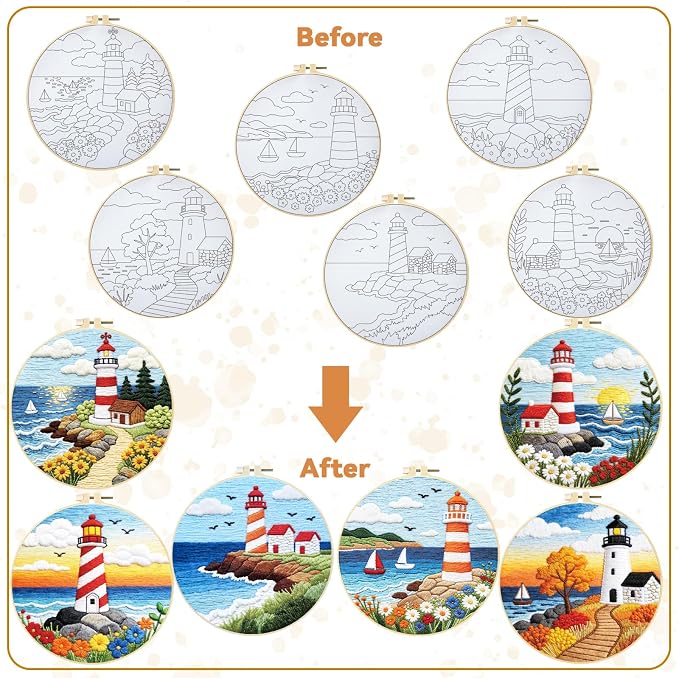 BEUNITONE 6 Set Beginner Embroidery Kit for Adults with Pre-Printed Washable Lighthouse Pattern, DIY Needlepoint Craft Kits for Cloth with Embroidery Hoop and Instruction, Funny Gifts for Home Decor