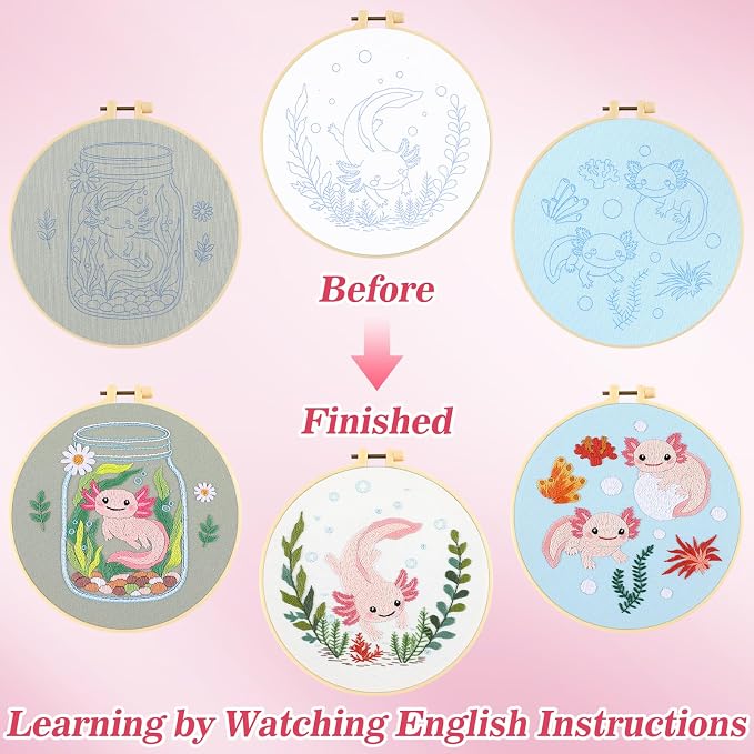 Mindsoft 3 Set Needlepoint Kit for Beginners with Hoop,Axolotl | Bamboo Hoop Thread Needles Instructions, Easy Hand Embroidery for Beginners Home Crafts,Pre-stamped Funny Cute Designs