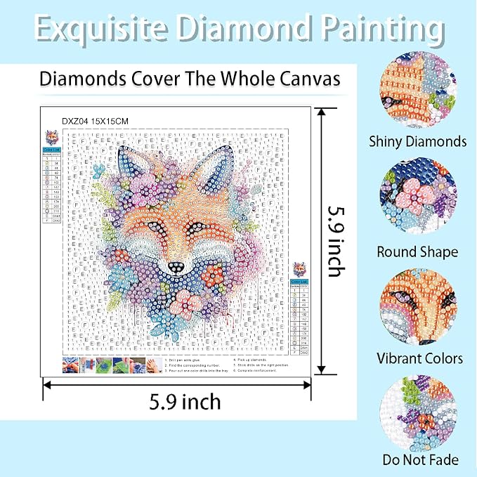 VividMeng 4 Pack Diamond Art Kits for Kids, 5D DIY Cute Animals Diamond Painting Kit for Kids Beginners, Gem Art by Number Kits for Boys Girls Ages 6-8-12-14, Home Wall Decor Gift for Party 6X6inch