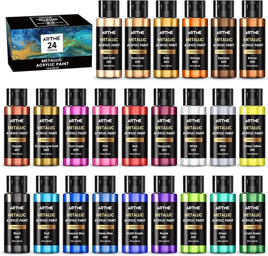Artme Metallic Acrylic Paint Set, 24 Metallic Colors in 2 oz/60ml Bottles, Metallic Shining Acrylic Paint, Rich Pigments Paint Perfect for Artists, Beginners on Canvas, Rocks, Wood, Fabric, Ceramic
