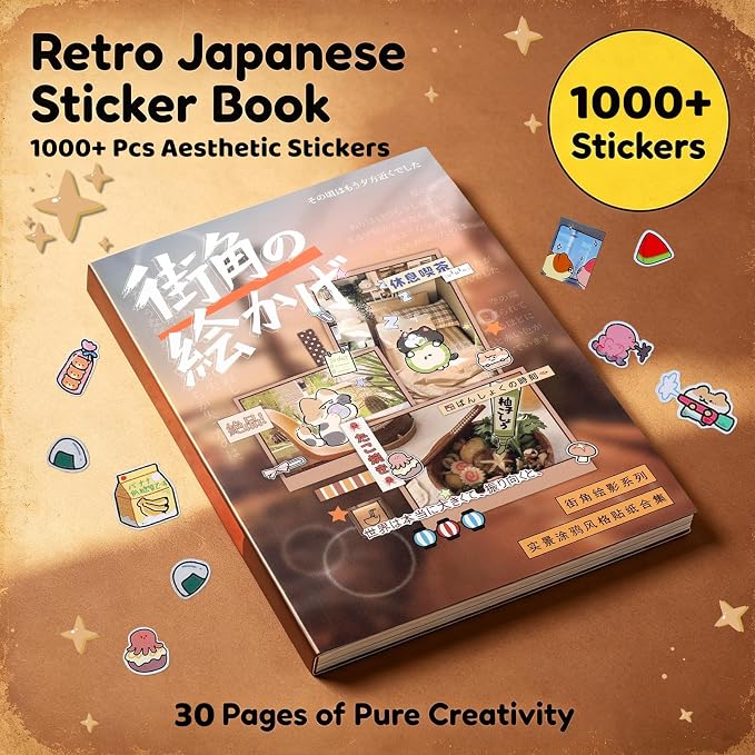 Tmtains 1000+Pcs Japanese Sticker Book for Scrapbook 30 Sheets Heisei Retro Style Korean Stickers for Journaling Aesthetic Japanese Sticker Book for Adults DIY Crafts Junk Journal (Street Corner Art)