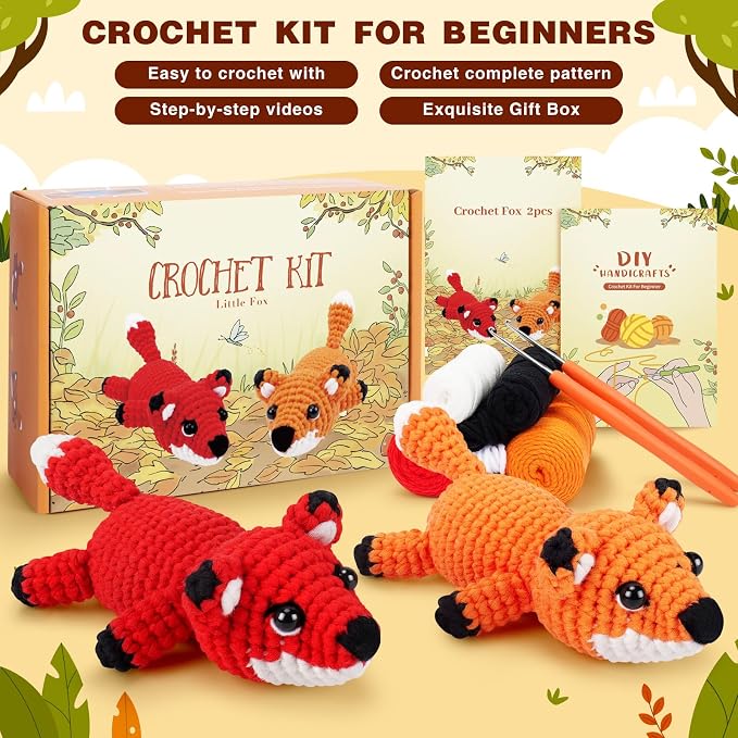 Crochet Kit for Beginners - 2 PCS Fox Crochet Kits with Step-by-Step Video Tutorials, Beginner Crochet Kit for Adults, Crochet Animal Kit, Crochet Fox Set