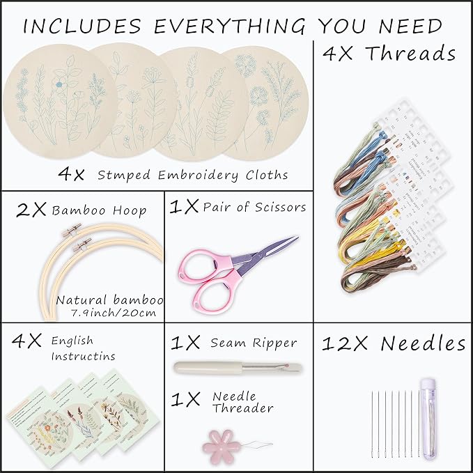 Bonroy 4 Sets Embroidery Kit for Beginners,Embroidery Kit for Art Craft Handy Sewing Include Embroidery Clothes with Pattern,Embroidery Hoops, Instructions,Color Threads Needle Kit (Multi 5)