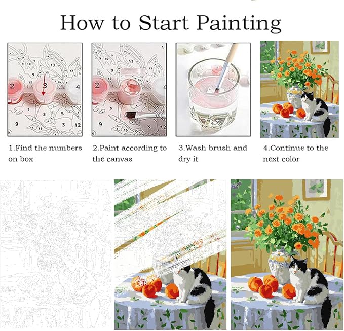 ZRIZQ Paint by Numbers Kit for Adults Beginner,Flowers and Cat,16x20