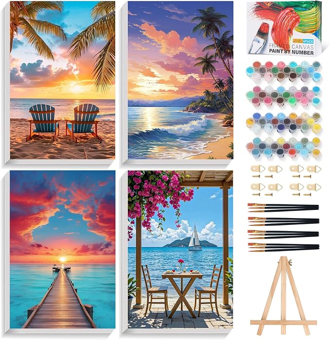 4 Pack Framed Paint by Numbers Kit for Adults Beach with Wooden Easel | With Frame Canvas 8x12 IN, For Adults Beginner, DIY Acrylic Painting Landscape, Stress Relief Craft Kit, Home Wall Decor Gift