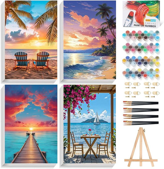 4 Pack Framed Paint by Numbers Kit for Adults Beach with Wooden Easel | With Frame Canvas 8x12 IN, For Adults Beginner, DIY Acrylic Painting Landscape, Stress Relief Craft Kit, Home Wall Decor Gift