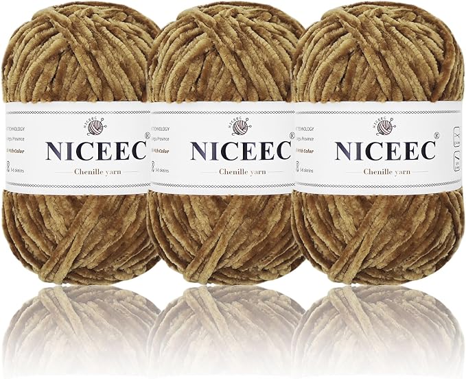 NICEEC 3 Skeins Soft Chenille Yarn 3 x85m (3X 93yds, 3X 50g)_Dark Brown
