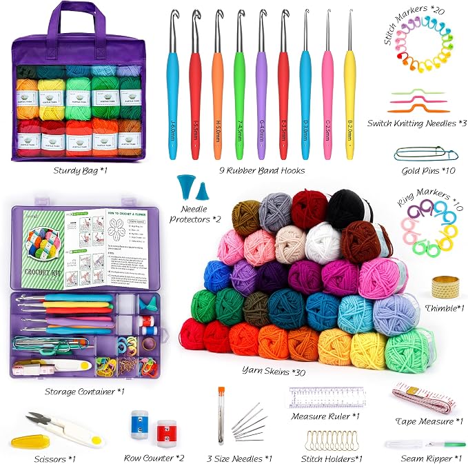Inscraft Crochet Yarn Kit for Beginners Adults & Kids, Includes 1650 Yards 30 Colors Acrylic Skeins, Hooks, Purple Bag etc, Make Amigurumi & Crocheting Projects, Starter Set for Professionals