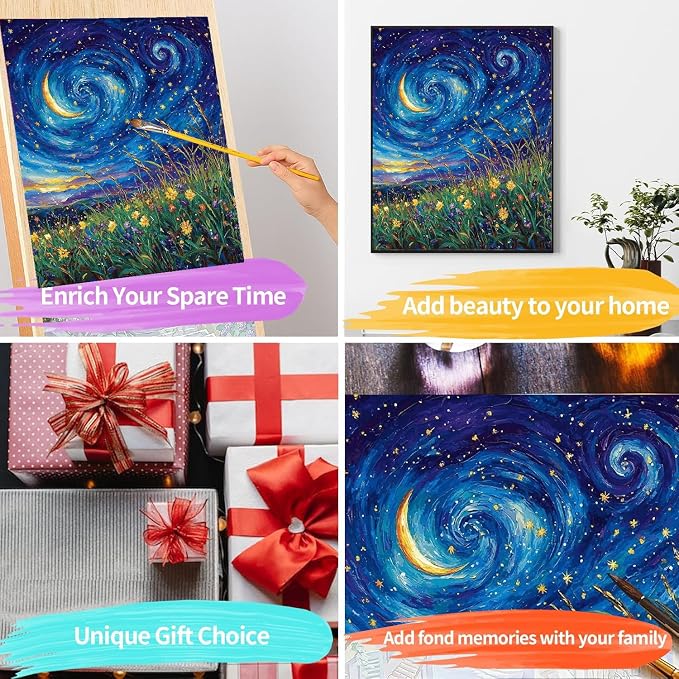 pchmcu DIY Starry Night Paint by Numbers Kits for Adults,Landscape Paint by Number for Adults Beginner Moon,Grassland Paint by Numbers Kits on Canvas Without Frame for Home Wall Decor 16x20inch