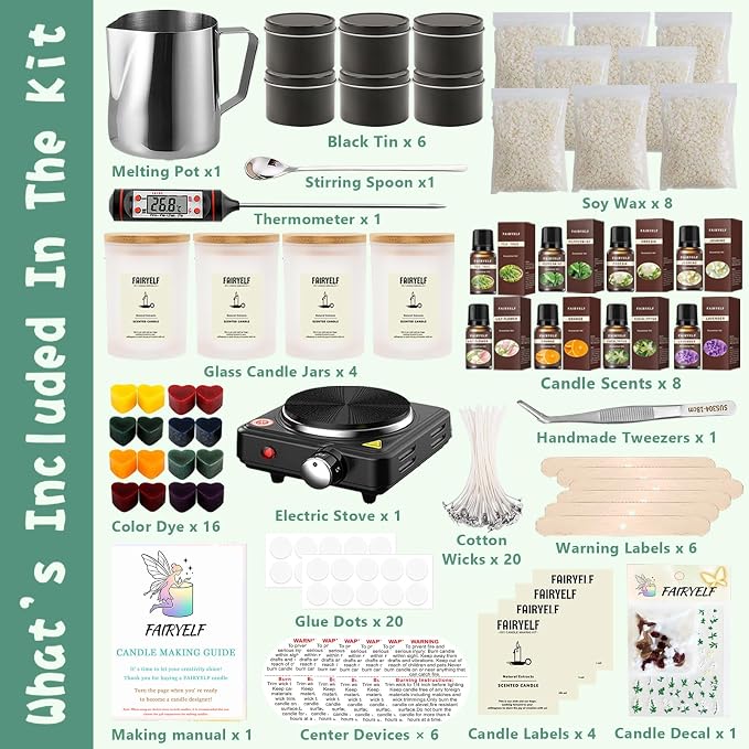 FAIRYELF Soy Candle Making Kit for Adults & Hot Plate, DIY Starter Supplies | Includes Glass Jars, Tins, Scents, Soy Wax, 3D Decorative Flowers & Color Dyes, Aromatherapy Craft for Home Decor & Gifting