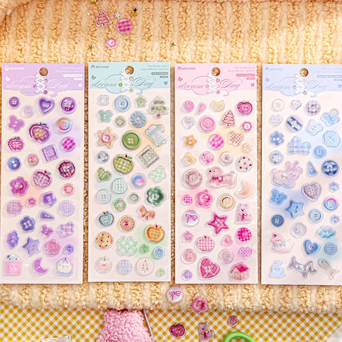 Cute 3D Stickers Vintage Style Simple Illustration Sticker Sheet Set of 4 Fresh and Healing Mini Stickers for Japanese Aesthetic Scrapbook Phone DIY Crafts