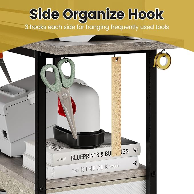 VENNQD Organizer and Storage Stand Compatible with Cricut Machines,Rolling Storage Cart/Shelf with 24 Vinyl Roll Holders，2 Fabric Drawer,Accessories Holder,Tool Hook for Craft Room Home (Greige)