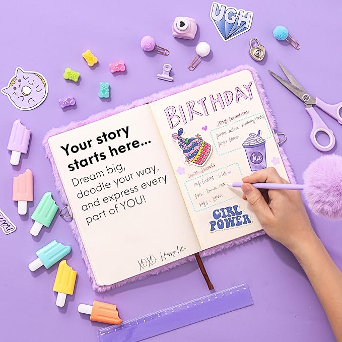 HAPPY LOLLI Purple LolliME DIY Journal Kit for Tween & Teen Girls Ages 8–14, Birthday Gift, 300+ Pieces Lockable Diary Set, Arts & Crafts, Scrapbook & Creative Journaling