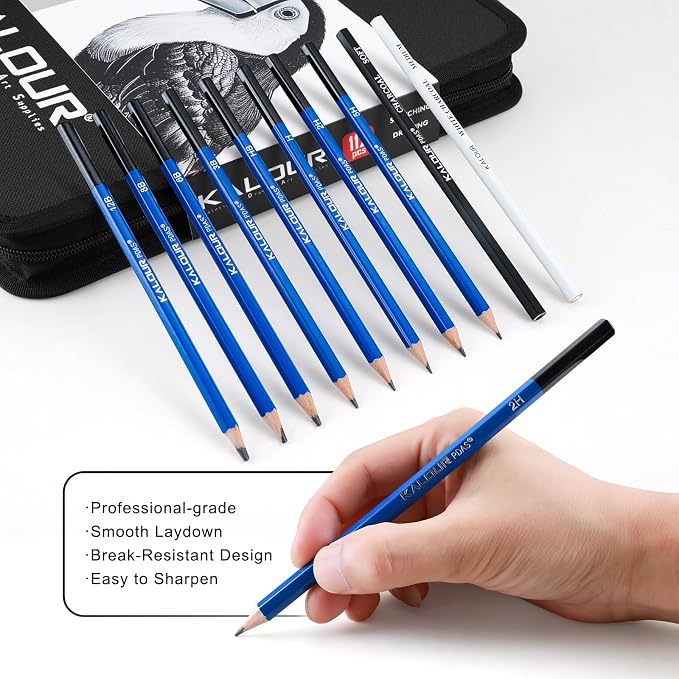 KALOUR PDAS 112 Drawing Set Sketch Kit, Pro Art Supplies with 3-Color Sketchbook, Graphite, Charcoal Pencils, Art Drawing Kit for Artists Adults Teens Beginners, Ideal for Shading & Blending