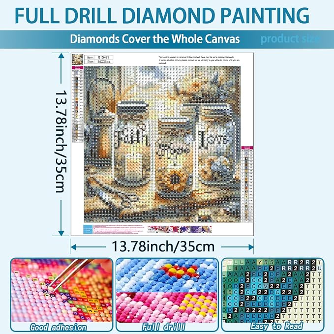 TOPMCYSG Faith,Hope,Love Diamond Art Kits for Adults Beginner 13.78x13.78in | Inspirational 5D Diamond Painting Kits,DIY Paint with Round Full Drill Diamond Dots Gem Painting for Adults,Home Wall Decor