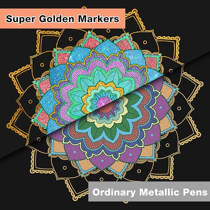 SAKEYR Super Golden Metallic Paint Markers, 12 Colors Sparkle Metallic Glitter Markers, 0.7mm Extra Fine Point Acrylic Paint Pens for Rock Painting, Glass, Wood, Black Paper, Scrapbook, DIY Art Crafts