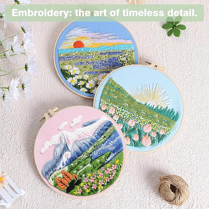 RidaaFri Embroidery Kit for Beginners, 3PC Floral Mount Sunshine Patterns | Stamped DIY Kits for Adults Starter, Hand Embroidery Practice Set with Step-by-Step Video Tutorial Include Hoop Needles Floss
