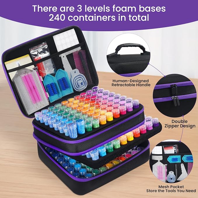 Douorgan Diamond Painting Storage Containers 240 Slots Diamond Painting Accessories and Tools Portable Diamond Painting Organizer Shockproof Diamond Art Storage Case Beads Storage Box(240 Jars)