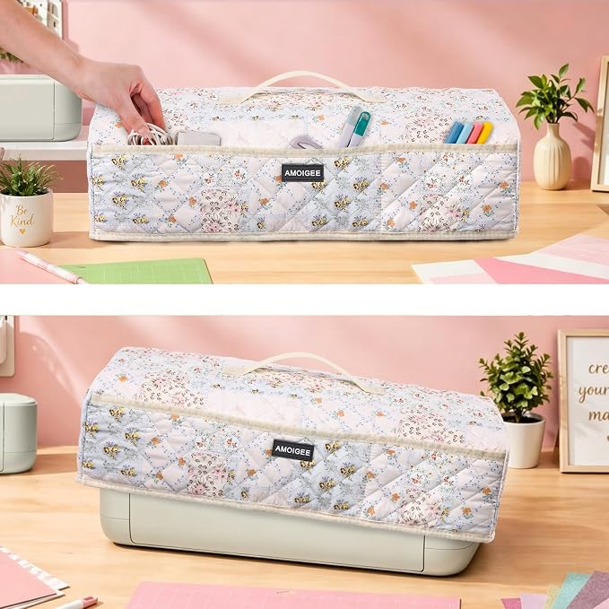 AMOIGEE Dust Cover for Latest Cutting Machine Cricuttt Explore 5, Quilted Protective Cover with Storage Pockets for Cutting Machine, Floral Fabric Anti-Dust Cover for Craft Machine Organizer
